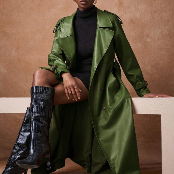 Green Elegant Women's Lapel Polyurethane faux leather Coat - Picture 5 of 8